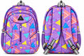 Front and back views of purple geometric school bag, showing adjustable shoulder straps