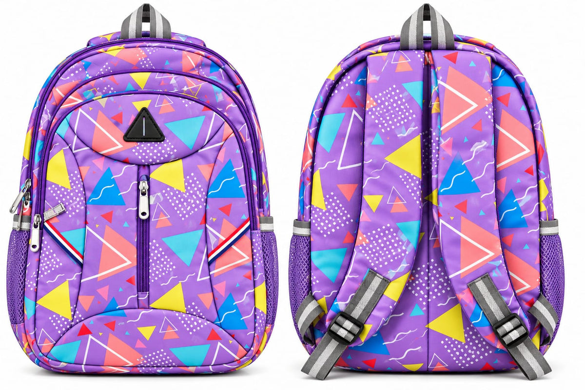 Front and back views of purple geometric school bag, showing adjustable shoulder straps