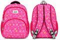 Front and back views of pink diamond-print school bag, showing adjustable shoulder straps