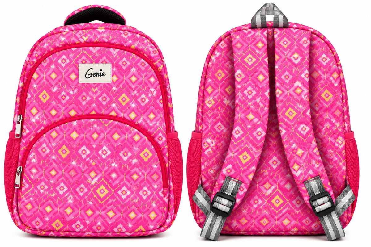 Front and back views of pink diamond-print school bag, showing adjustable shoulder straps
