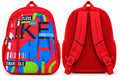 Front and back views of red & blue graphic school bag, showing adjustable shoulder straps