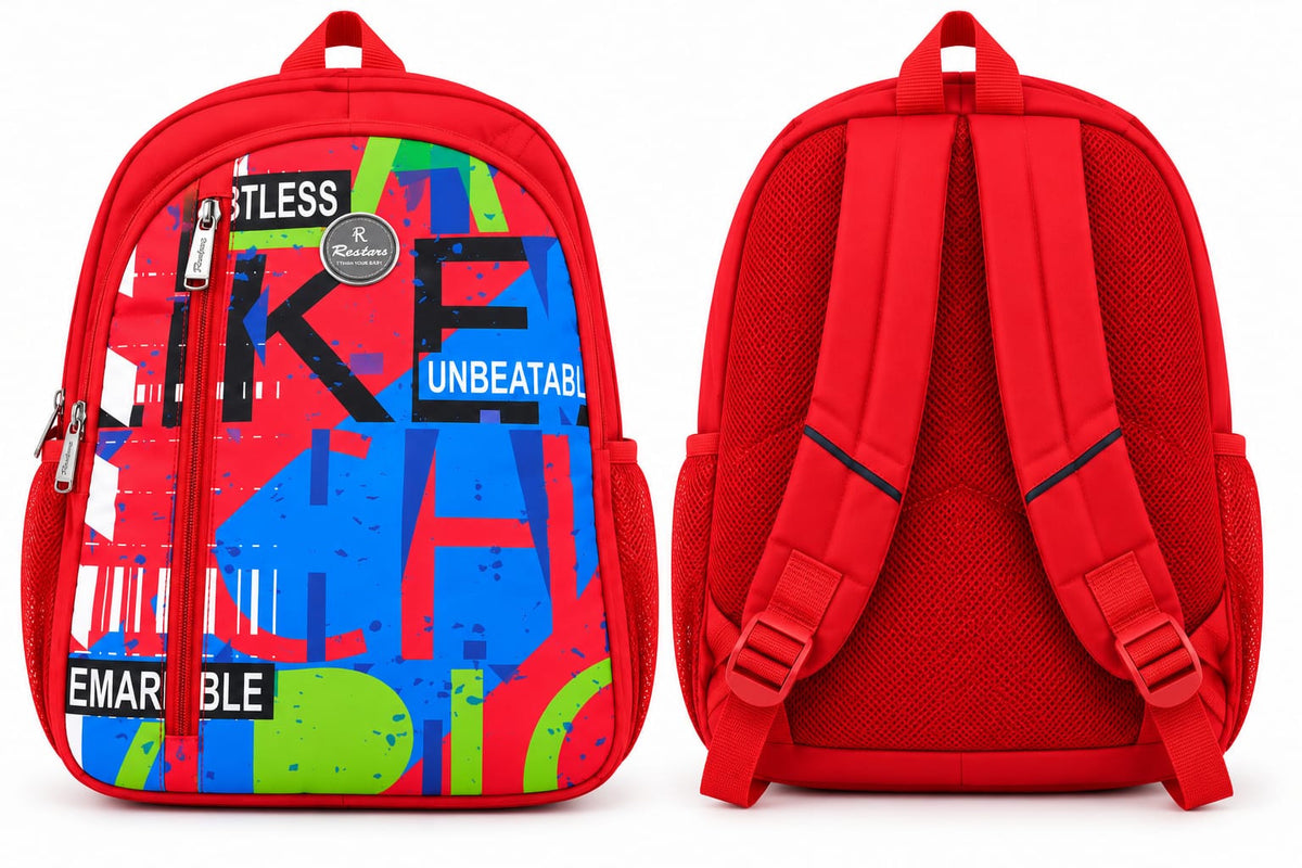 Front and back views of red & blue graphic school bag, showing adjustable shoulder straps