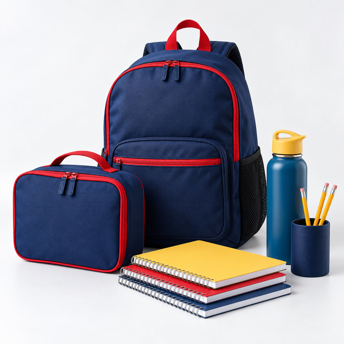 A school bag, lunch bag, bottle, notebooks and stationery.