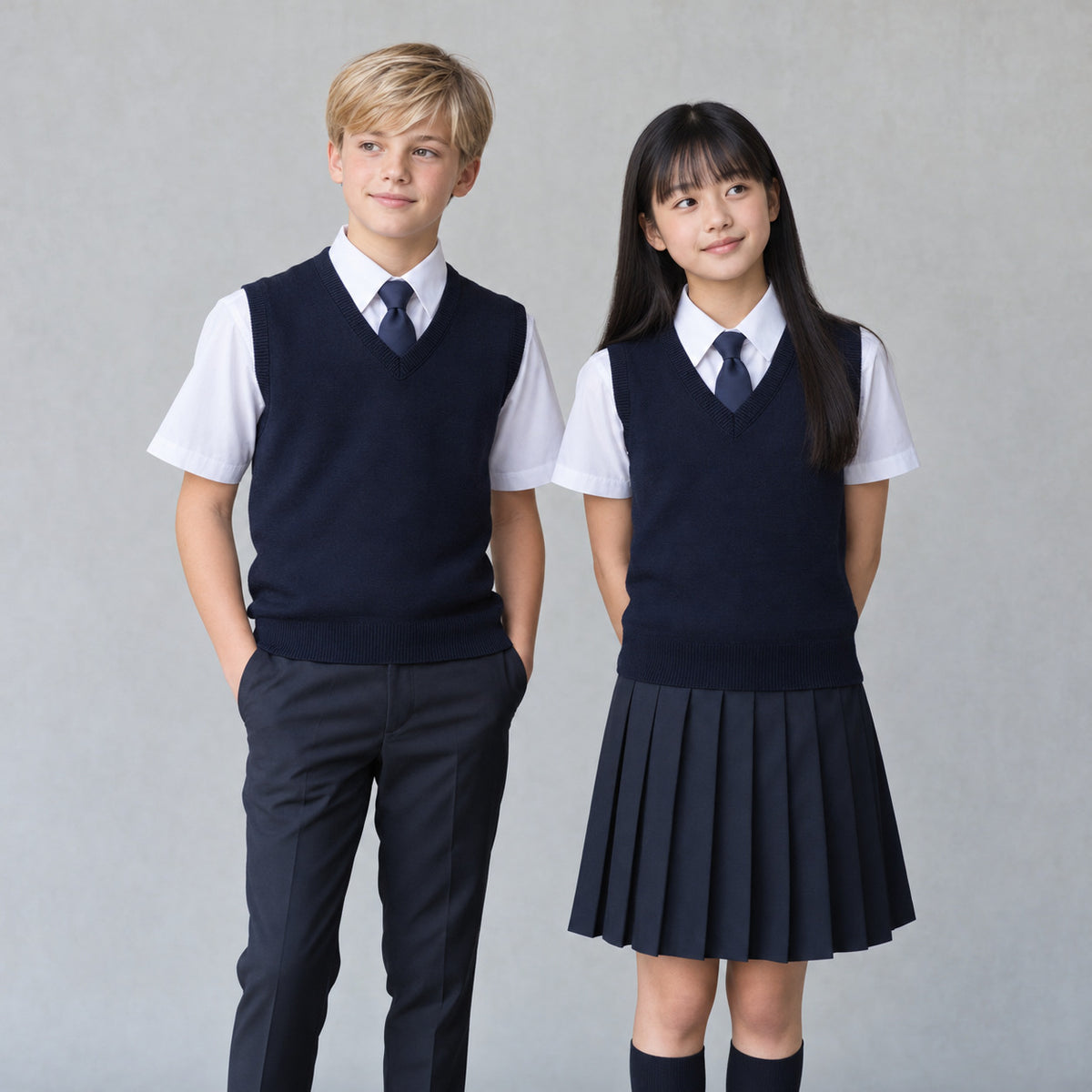 Two schoolchildren wearing navy and white uniforms.
